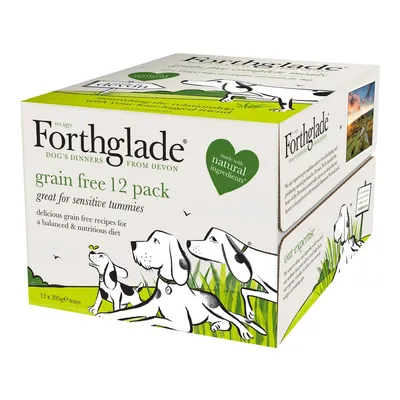 Forthglade grain free 12 pack, made with natural ingredients, great for sensitive tummies. Contains 12 trays of 395g each. Grain free recipes for a balanced and nutritious diet.