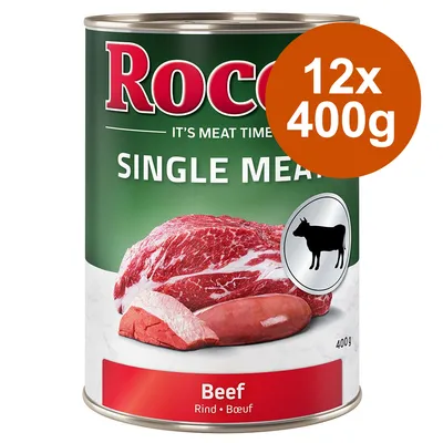 Rocco Single Meat Rind, 12x400g Dosen. Abgebildet: rohes Rindfleisch und Symbol einer Kuh.