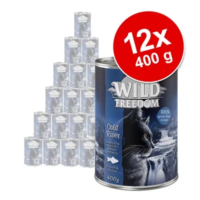 Lot de 12 boîtes Wild Freedom Cold River pour chat, 400 g chacune. Texte visible : 100% grain-free recipe, Pollock & chicken, Inspired by your cat's natural instincts.