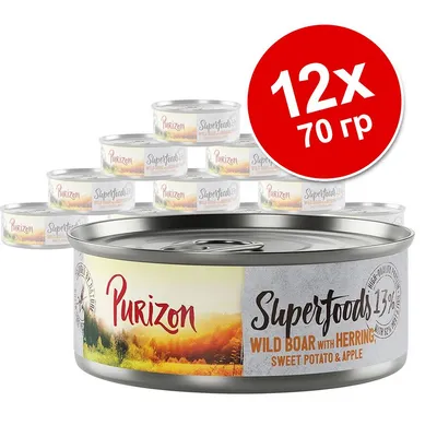 Purizon Superfoods Wild Boar with Herring, Sweet Potato & Apple, 12×70 г. Консервы в жестяных банках, надпись на упаковке: 13 % Superfoods.