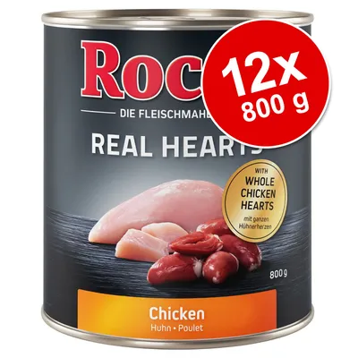 Rocco Real Hearts Chicken, burk med kycklingkött och hjärtan. Text: 12x 800 g, with whole chicken hearts, 800 g, Chicken Huhn Poulet.