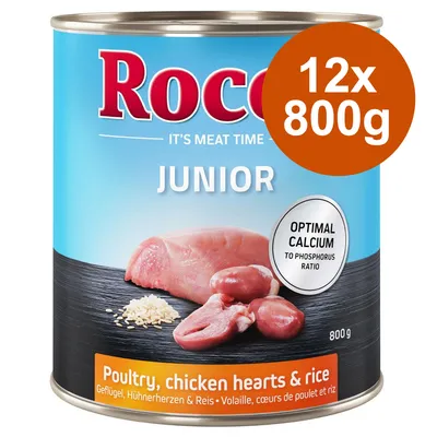 Rocco Junior Nassfutter, Geflügel, Hühnerherzen & Reis, 12x800g. Optimaler Calcium-Phosphor-Verhältnis für Welpen.
