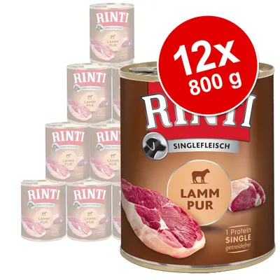 RINTI Singlefleisch Lamm Pur koiran märkäruoka, 12 x 800 g. Etiketissä tekstit: 1 Protein Single, getreidefrei.