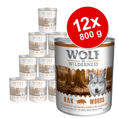 Wolf of Wilderness Oak Woods, 12 puszek po 800 g. Widoczne opakowanie z napisem 100% grain-free oraz ilustracją wilka i lasu.