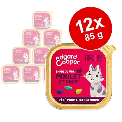 Lot de 12 barquettes Edgard & Cooper, pâté pour chats seniors, poulet et dinde, 85 g chacune. Texte visible : stop à la malbouffe, 0 % sucres ajoutés.
