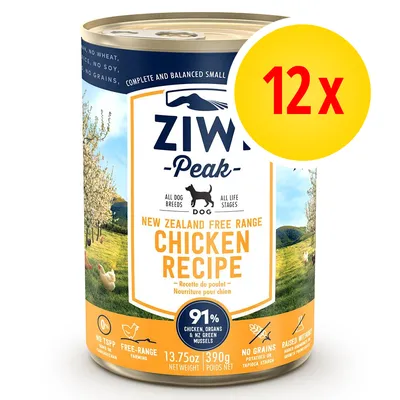 Confezione da 12 lattine Ziwi Peak Chicken Recipe per cani, 390 g ciascuna. Testo visibile: New Zealand Free Range Chicken Recipe, 91% chicken, organs & NZ green mussels, no grains.