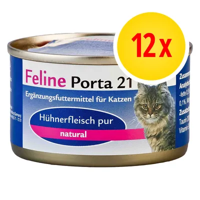 Feline Porta 21, alimento complementare per gatti, Hühnerfleisch pur natural. Confezione da 12x. Testo in tedesco sull'etichetta.