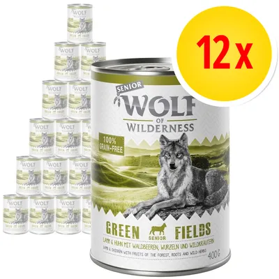 Wolf of Wilderness Senior Green Fields, 12×400g konzerv. Text: 100% grain-free, lamb & chicken with fruits of the forest, roots and wild herbs.