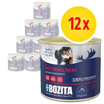 12× konzerv BOZITA NÖT/RIND/BEEF, 625 g, 100% animal protein, grain free, GMO free, no added sugar, Swedish ingredients. Na etiketě pes a nápis Together with nature since 1903.