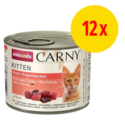 animonda Carny Kitten Rind + Putenherzen, 100 % frische Zutaten, sans céréales, lot de 12 boîtes. Photo d’une boîte avec un chaton et morceaux de viande visibles sur l’étiquette.