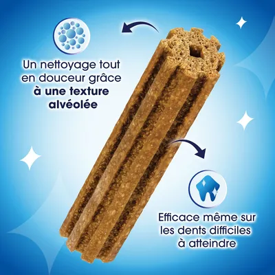 Friandise à mâcher avec une texture en forme d’alvéoles. Nettoyage en douceur grâce à sa structure, efficace même pour les dents difficiles d’accès.