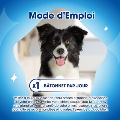 Conseil d’alimentation : 1 bâtonnet par jour. Veillez à toujours mettre de l’eau fraîche à disposition, surveillez le chien pendant qu’il mange, respectez la ration journalière recommandée et assurez-lui suffisamment d’exercice.