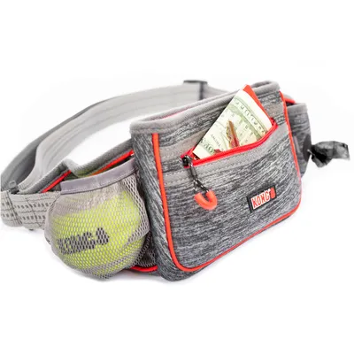 Grijze heuptas met rode rits, KONG-logo, netvak voor tennisbal en vak met bankbiljetten. Praktisch voor wandelingen of training.