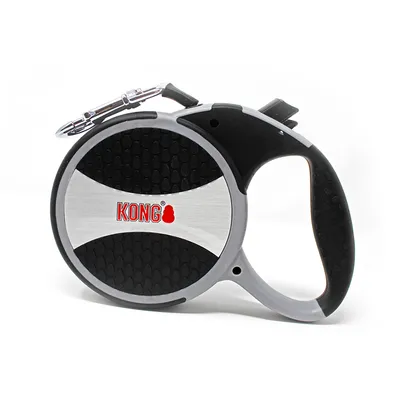 KONG Flexi-Rollleine mit ergonomischem Griff und Metallkarabiner, schwarz-silbernes Design.