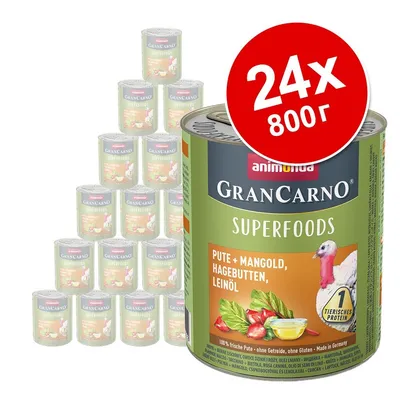 Пакет от 24 консерви Animonda GranCarno Superfoods, 800 г. Видими съставки: пуешко, манголд, шипки, ленено масло. Надпис: Pute + Mangold, Hagebutten, Leinöl.
