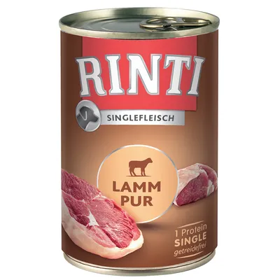 Lata de comida para cão Rinti Singlefleisch, texto visível: Lamm Pur, 1 Protein Single, getreidefrei. Imagem de pedaços de carne de cordeiro na embalagem.