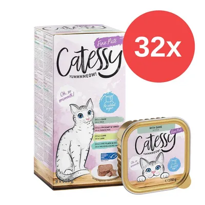 Catessy Fine Paté Katzenfutter, 32x100g, verschiedene Sorten: Wild, Fasan & Pute, Lamm, MSC Fisch. Ohne Zuckerzusatz, MSC-zertifiziert.