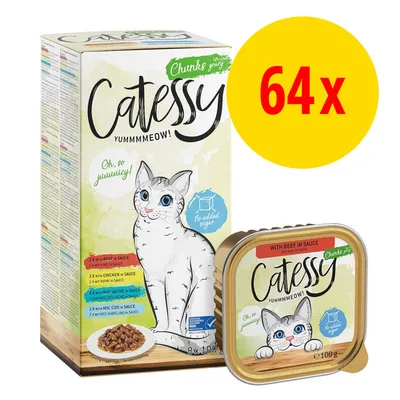 Catessy Chunks in Sauce, 64x100g. Sorten: Rind, Huhn, MSC Seelachs, MSC Kabeljau. Ohne Zuckerzusatz. Verpackung mit gezeichneter Katze und Portionsschale abgebildet.