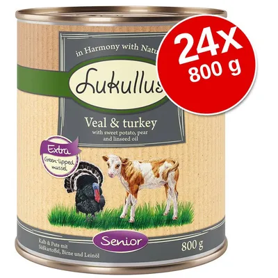 Lukullus Veal & turkey, Extra Green-lipped mussel, Senior, 24×800 g. Felirat: in Harmony with Nature, sweet potato, pear and linseed oil.
