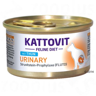 Lata de Kattovit Feline Diet Urinary con atún, Struvitstein-Prophylaxe (FLUTD), texto en alemán e inglés visible en la etiqueta.