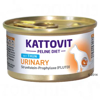 Lata de Kattovit Feline Diet Urinary con atún, Struvitstein-Prophylaxe (FLUTD), texto en alemán e inglés visible en la etiqueta.