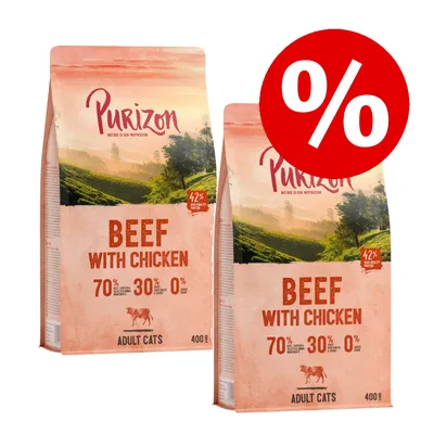 Purizon Beef with Chicken za odrasle mačke, 400 g. 70 % mesa, 30 % sadja in zelenjave, 0 % žit. Paket z oznako popusta (%). Purizon Beef with Chicken za odrasle mačke, 400 g. 70 % mesa, 30 % sadja in zelenjave, 0 % žit. Paket z oznako popusta (%).