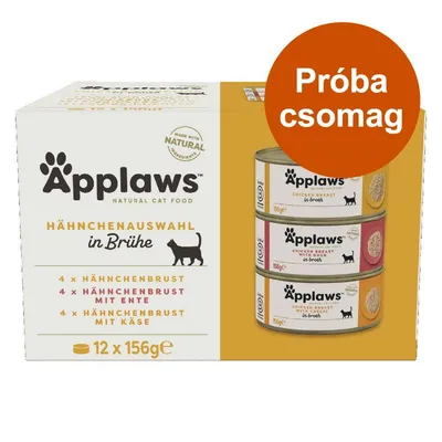 Applaws Natural Cat Food Hähnchenauswahl in Brühe próba csomag, 12×156g. 4×Hähnchenbrust, 4×Hähnchenbrust mit Ente, 4×Hähnchenbrust mit Käse felirat látható a dobozon.