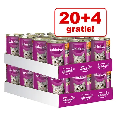 Whiskas kattefoder i sauce, smag af fjerkræ. Tilbud: 20+4 gratis. Stabel med dåser i lilla emballage.