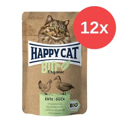 Happy Cat Bio Organic Huhn mit Ente, ohne Zuckerzusatz, ohne künstliche Farb- und Konservierungsstoffe, ohne Sojazusatz. Made in Germany. Packung enthält 12 Stück.