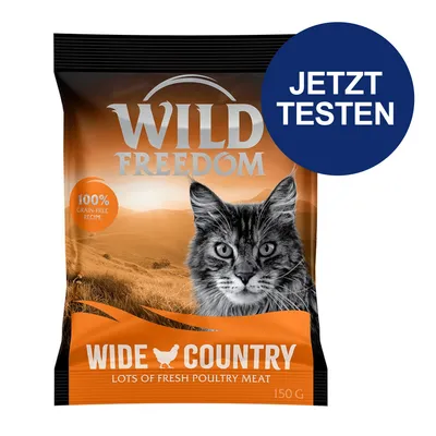 Wild Freedom Wide Country Katzenfutter, 100% getreidefreie Rezeptur, viel frisches Geflügelfleisch, 150 g. Button mit Text 'Jetzt testen'. Wild Freedom Wide Country Katzenfutter, 100% getreidefreie Rezeptur, viel frisches Geflügelfleisch, 150 g. Button mit Text 'Jetzt testen'.