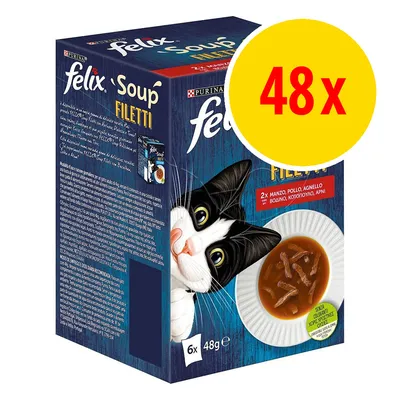 Felix Soup Filetti multipack, 48 portions. Image shows packaging and a plate with soup containing meat strips.