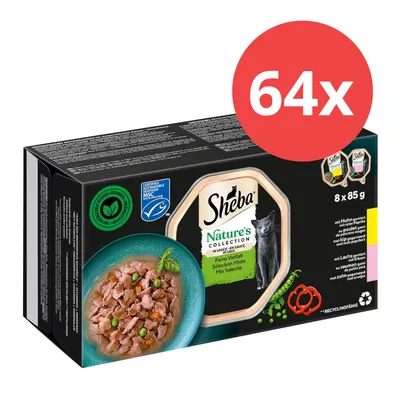 Sheba Nature's Collection Feine Vielfalt in Sauce, Mix Selection. Packung mit 64x 85g Portionsbeuteln. Zertifiziert nachhaltig MSC und recycelbar. Sheba Nature's Collection Feine Vielfalt in Sauce, Mix Selection. Packung mit 64x 85g Portionsbeuteln. Zertifiziert nachhaltig MSC und recycelbar.