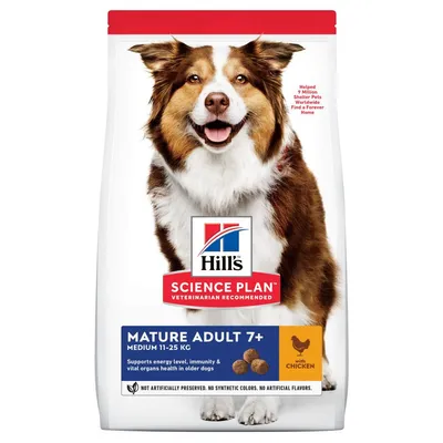 Hill's Science Plan Mature Adult 7+ medium 11-25kg with chicken, supports energy, immunity and vital organ health in older dogs. Not artificially preserved or coloured.