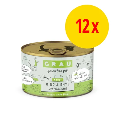 GRAU generation pet Adult Rind & Ente 68 % Fleischanteil, burk med texten 'Ich bin getreidefrei!' och '12x' i röd text på gul cirkel. Synlig förpackning för kattmat.