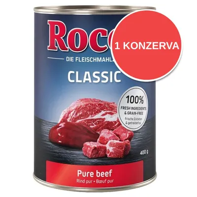 Konzerva Rocco Classic Pure beef 400 g, 100% fresh ingredients & grain-free, 1 KONZERVA, na etiketě vyobrazené hovězí maso.