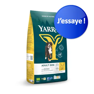 Sac de croquettes YARRA pour chien adulte, 25 % protéines, 13 % matières grasses, avec poulet, pois, hareng MSC et baobab. Texte sur pastille bleue : J’essaie !
