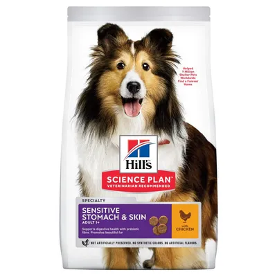 Hill's Science Plan Sensitive Stomach & Skin Adult 1+ with chicken, supports digestive health and promotes beautiful fur. Not artificially preserved, no synthetic colours or flavours.