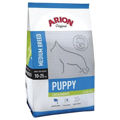 Arion Original Medium Breed Puppy Chicken & Rice, gluten-free. Til voksne hunde 10–25 kg. Tekst: Improved learning, optimal growth, immunity support. Premium Quality Product.