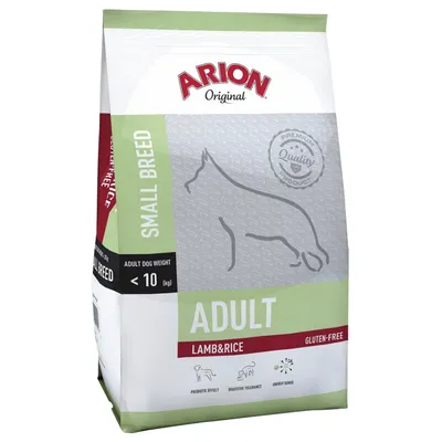 Arion Original Small Breed Adult Lamb & Rice, gluten-free. Til hunde under 10 kg. Tekst: prebiotic effect, digestive tolerance, energy dense, premium quality product.