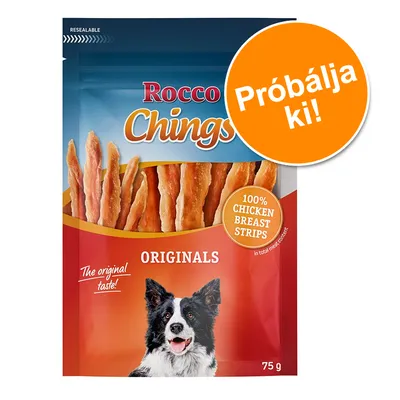 Rocco Chings Originals 75 g, 100% chicken breast strips, Próbálja ki! felirat látható a csomagoláson, kutya képe az alsó részen. Rocco Chings Originals 75 g, 100% chicken breast strips, Próbálja ki! felirat látható a csomagoláson, kutya képe az alsó részen.