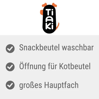 Tiaki snacksfodral: tvättbar, öppning för bajspåsar, stort huvudfack.