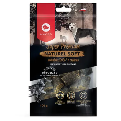 Maced Super Premium Naturel Soft hondensnack, 100% rundvlees met oregano, monoproteïne, 91% rundvlees, graanvrij, remt bacteriën en schimmels, 100 g zak. Tekst deels in het Pools en Engels.