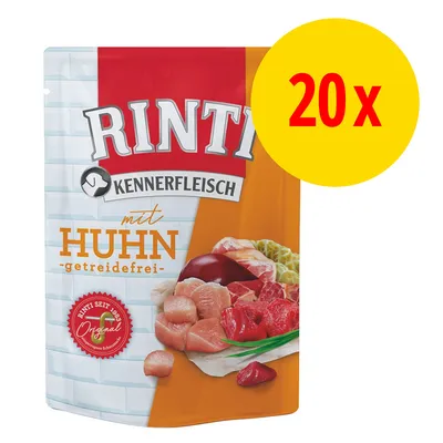 RINTI Kennerfleisch mit HUHN -getreidefrei- koiran märkäruokapakkaus, 20x. Pakkauksessa näkyy lihaa ja sisäelimiä. Teksti saksaksi.