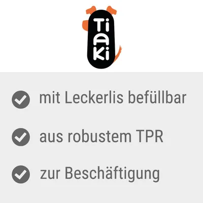 Tiaki, texte en allemand : mit Leckerlis befüllbar, aus robustem TPR, zur Beschäftigung