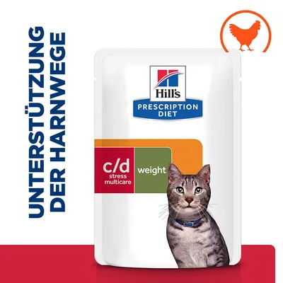 Hill's Prescription Diet c/d stress multicare weight pour chat, texte allemand « UNTERSTÜTZUNG DER HARNWEGE », pictogramme poulet orange en haut à droite.