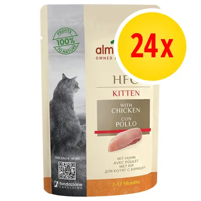 Almo Nature HFC Kitten con pollo, confezione da 24x. Testo visibile: 'PROFITS 100% TO NATURE', '2-12 Months', immagine di un gatto e pezzo di pollo.