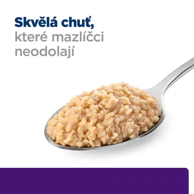 Text v češtine: Skvělá chuť, které mazlíčci neodolají. Lyžica s porciou mletého krmiva pre domáce zvieratá.