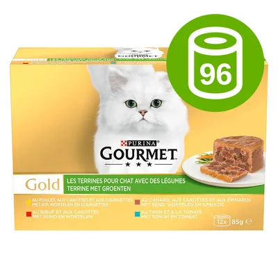 Purina Gourmet Gold, terriny dla kota z warzywami, opakowanie 12×85 g. Widoczny symbol 96 puszek. Tekst w języku francuskim i niderlandzkim na opakowaniu.
