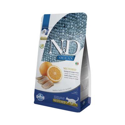 N&D Ocean Neutered Sleď a pomaranč recept, Farmina, Adult Cat, 1,5 kg. Výživový systém pre mäsožravce. Viditeľná talianska vlajka.