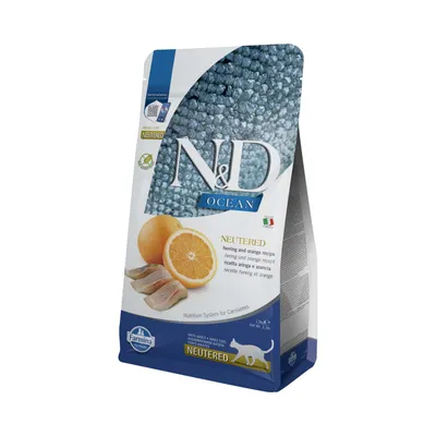 N&D Ocean Neutered Sleď a pomaranč recept, Farmina, Adult Cat, 1,5 kg. Výživový systém pre mäsožravce. Viditeľná talianska vlajka. N&D Ocean Neutered Sleď a pomaranč recept, Farmina, Adult Cat, 1,5 kg. Výživový systém pre mäsožravce. Viditeľná talianska vlajka.